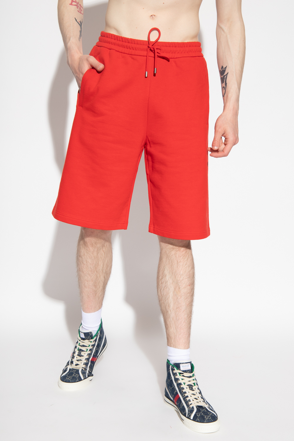 【送料&関税込】Gucci Wool Shorts With Frontal Logo Gucci - Wide-Leg Logo-Jacquard Wool and Cotton-Blend Shorts